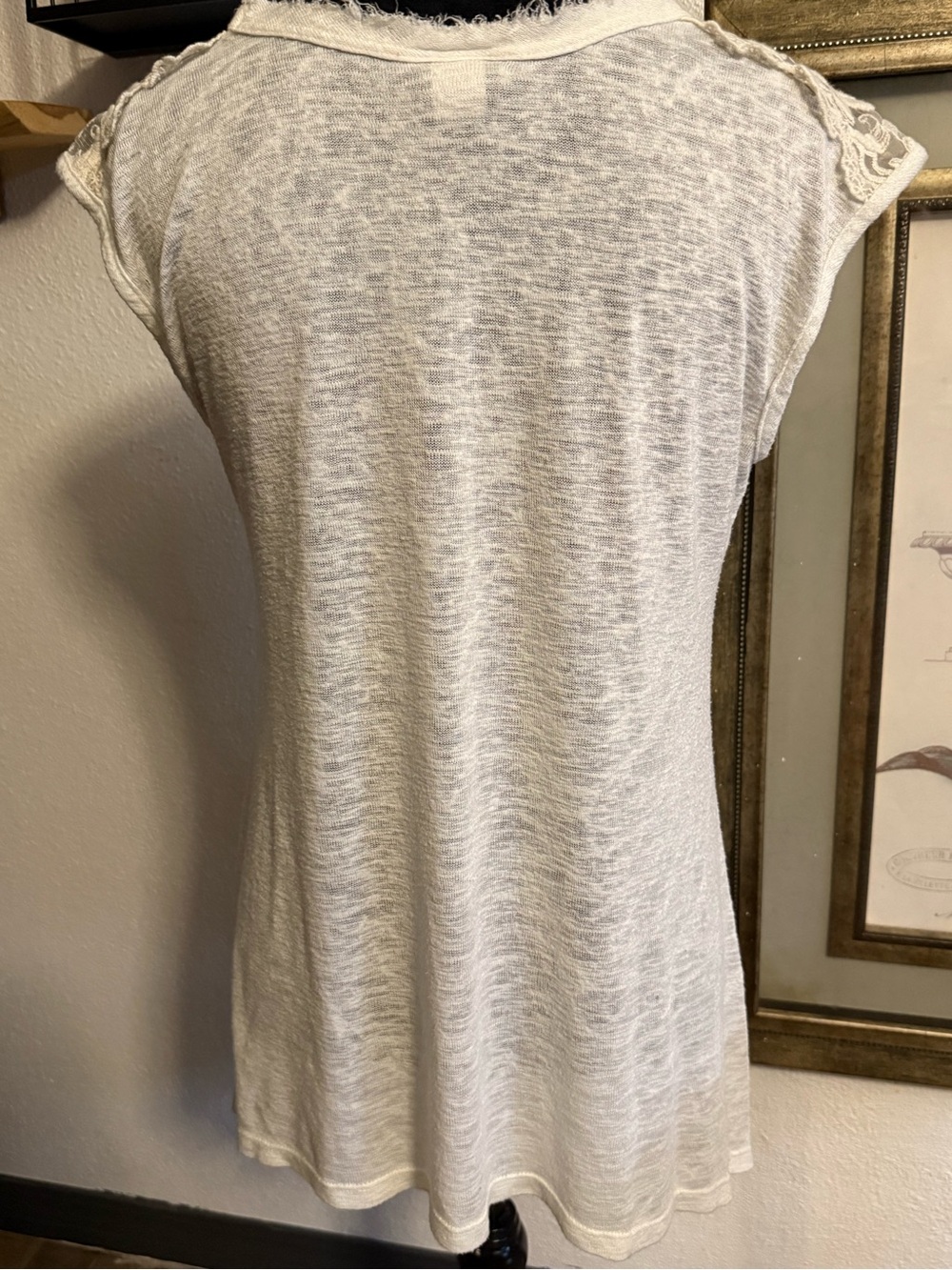 Bobeau Boho Lace Shoulder Slub Knit V-Neck Top White Cream •Size Medium• - Picture 8 of 10